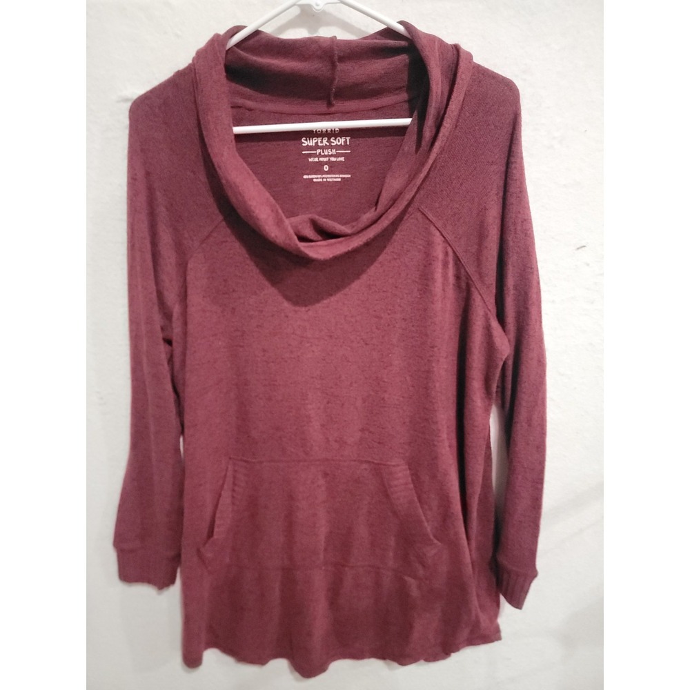 Torrid‎ Super Soft Plush Cowl Neck Tunic 0 L Burgundy Kangaroo Pocket Pullover